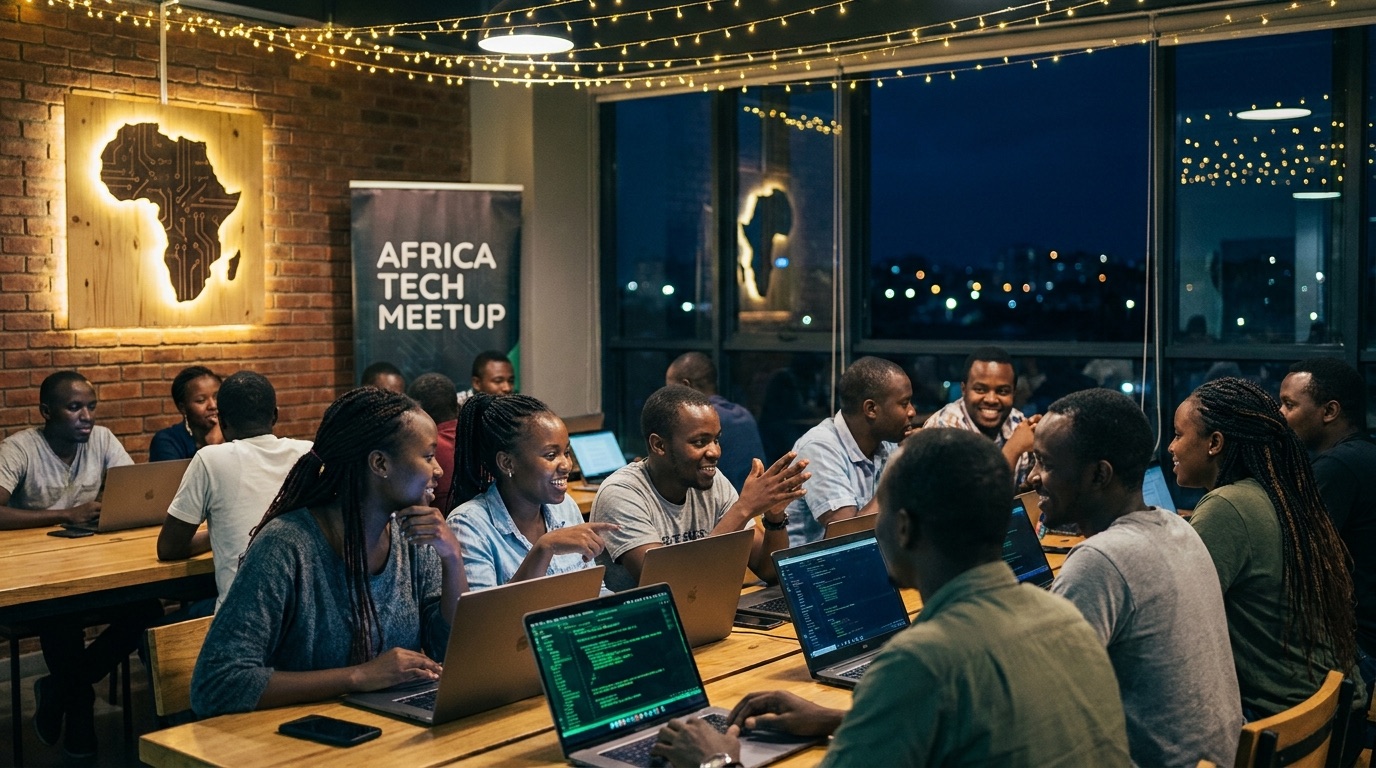 African developers at a shared workspace meetup at night