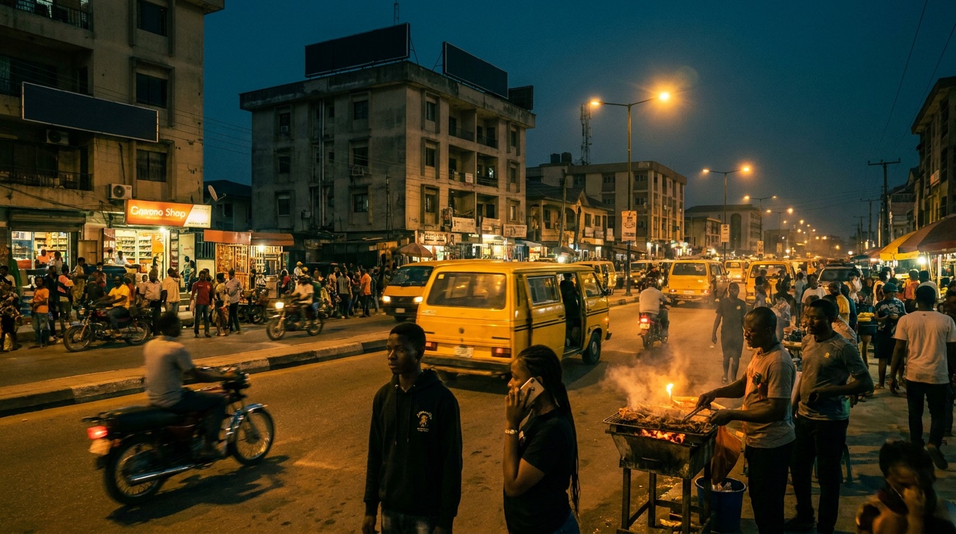 Street-level busy Lagos road at dusk with danfo buses, suya vendor, and people crossing